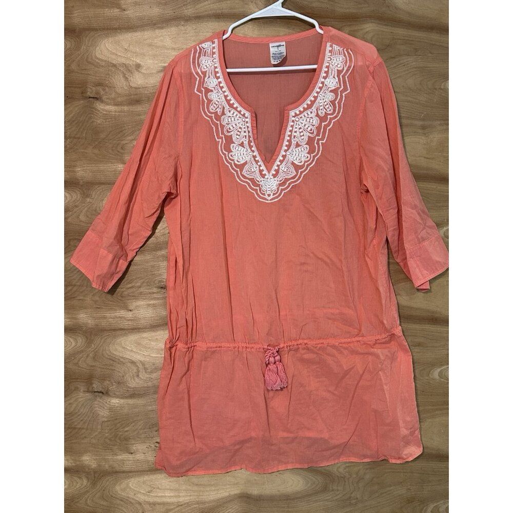 Lands End Womens XL Pink Cotton Embroidered Swim Coverup Dress Shirt Boho